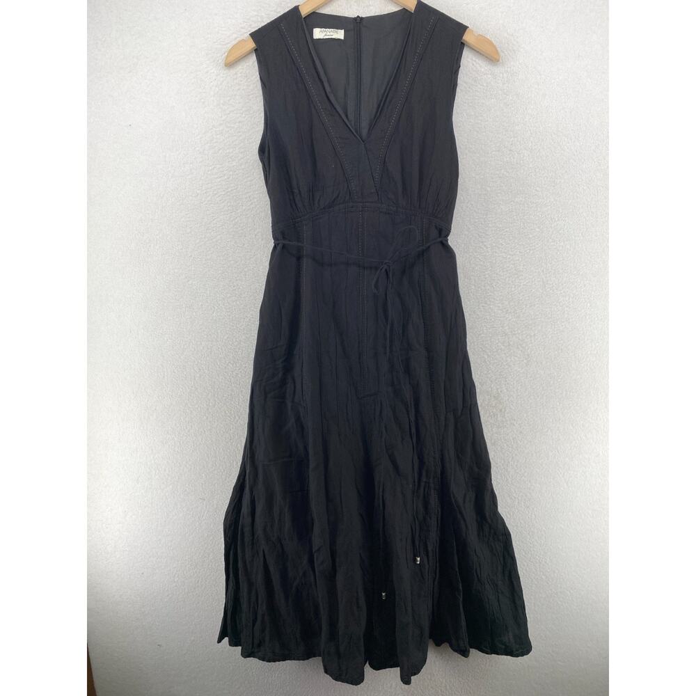 APANAGE Dress 6 Cotton Metallic Crinkle V-Neck Sleeveless Back Zip Tie Black